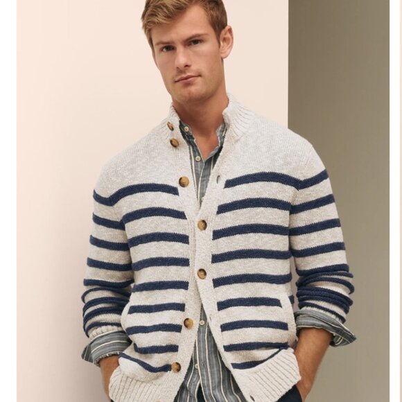 Tommy Hilfiger Men's Gray and Navy Striped Cotton Blend Button Up Cardigan Sz L - Picture 1 of 10